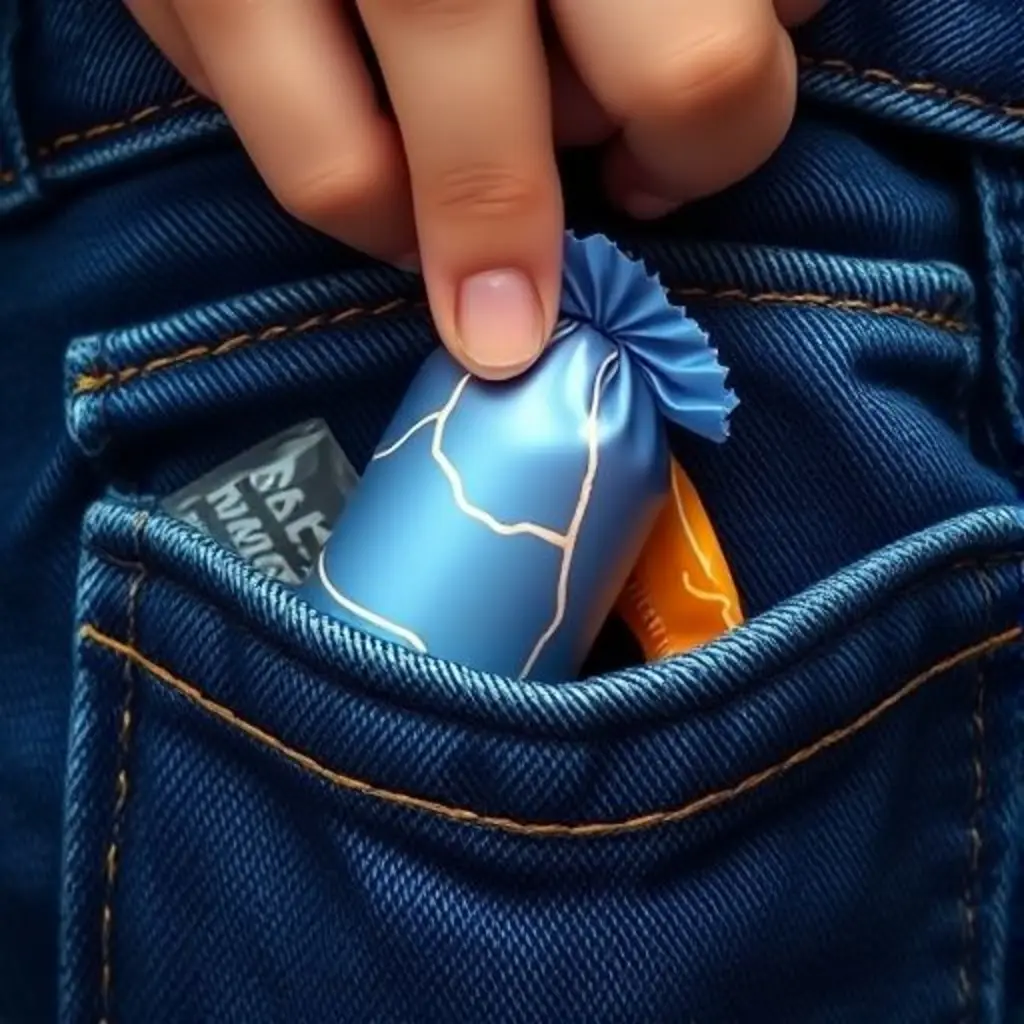 Chispa Dulce, un envoltorio de caramelo brillante, en el bolsillo de un pantalón, y luego en la mano de un niño, revelando un mapa mágico.