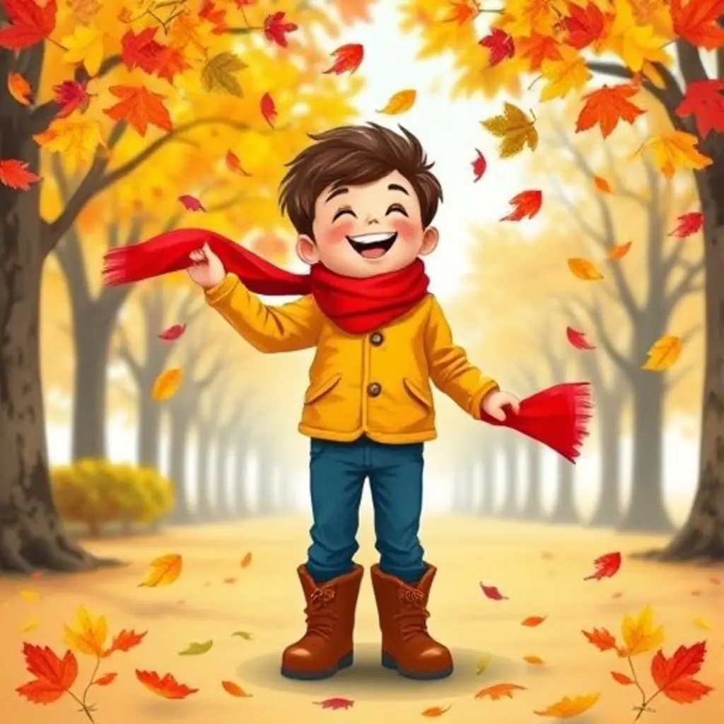 Leo ríe mientras una lluvia de hojas cae a su alrededor, gracias a su bufanda.