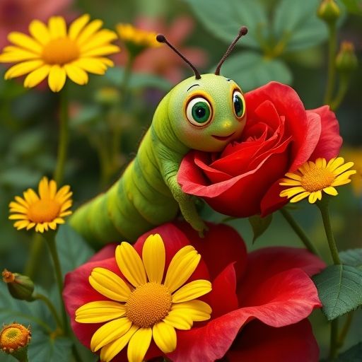 Rizos, la oruga, comiendo una hoja de rosa roja mientras una margarita amarilla asiente.