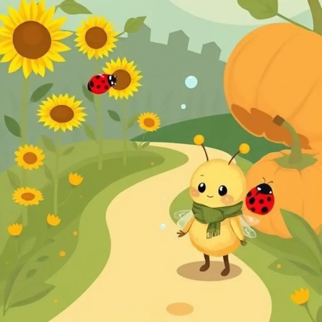 Blip en una encrucijada, con una mariquita Lía y dos caminos: girasoles o calabazas con sombra.