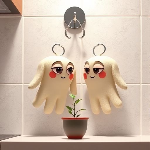 Calentitos, un par de guantes de cocina, cuelgan de un gancho y miran curiosos a una planta tiritando.