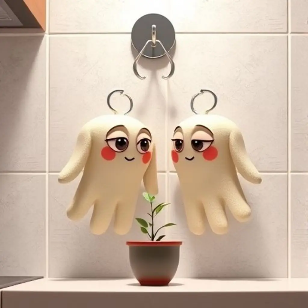 Calentitos, un par de guantes de cocina, cuelgan de un gancho y miran curiosos a una planta tiritando.