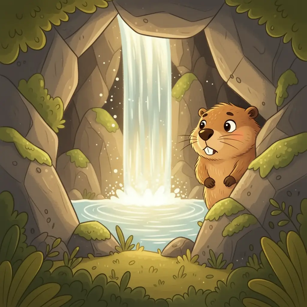 Damián descubre una cueva secreta con una pequeña cascada que brilla.