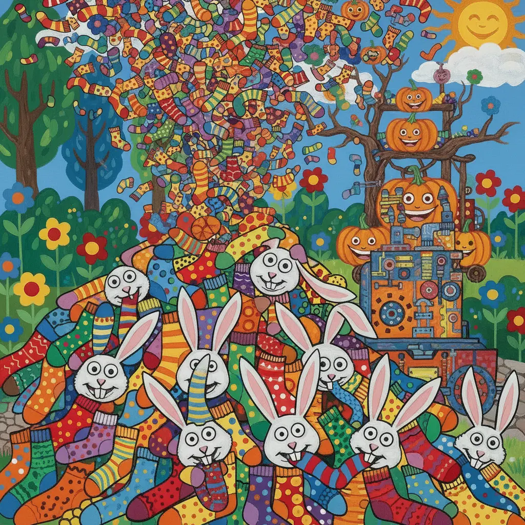 La máquina de calabazas lanzando una lluvia exagerada de calcetines de colores en lugar de burbujas.