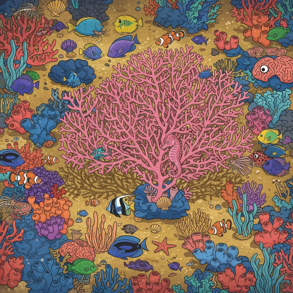 El caballito de mar atrapando comida mientras un pez grande acecha detrás.