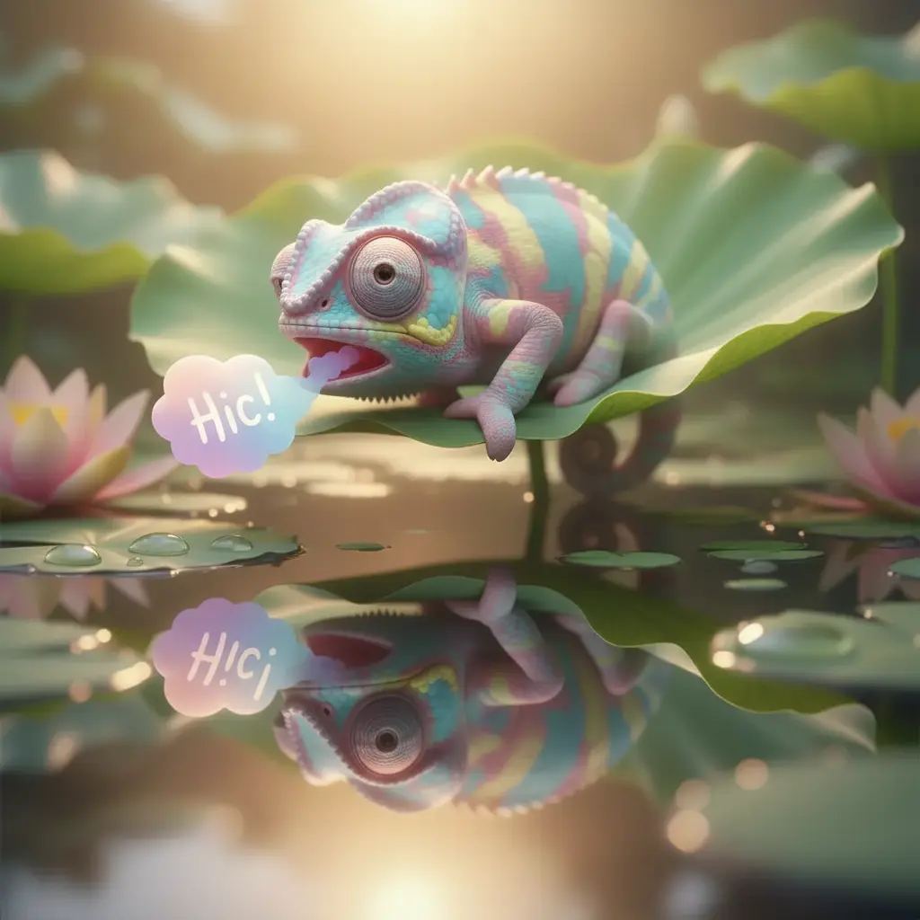 Mientras Zzzzz duerme, un hipo de color pastel sale de su boca, acercándose a las gotas de rocío.