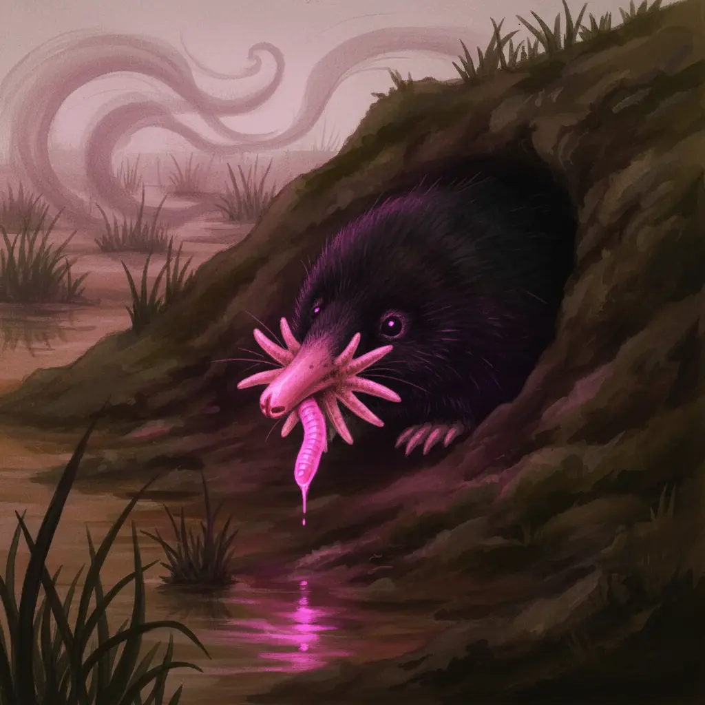 El topo atrapando una pequeña lombriz con su nariz estrellada en la penumbra del túnel.