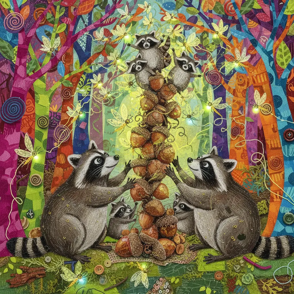 La torre de bellotas es altísima y se tambalea mucho, mientras los mapaches intentan atrapar luciérnagas.