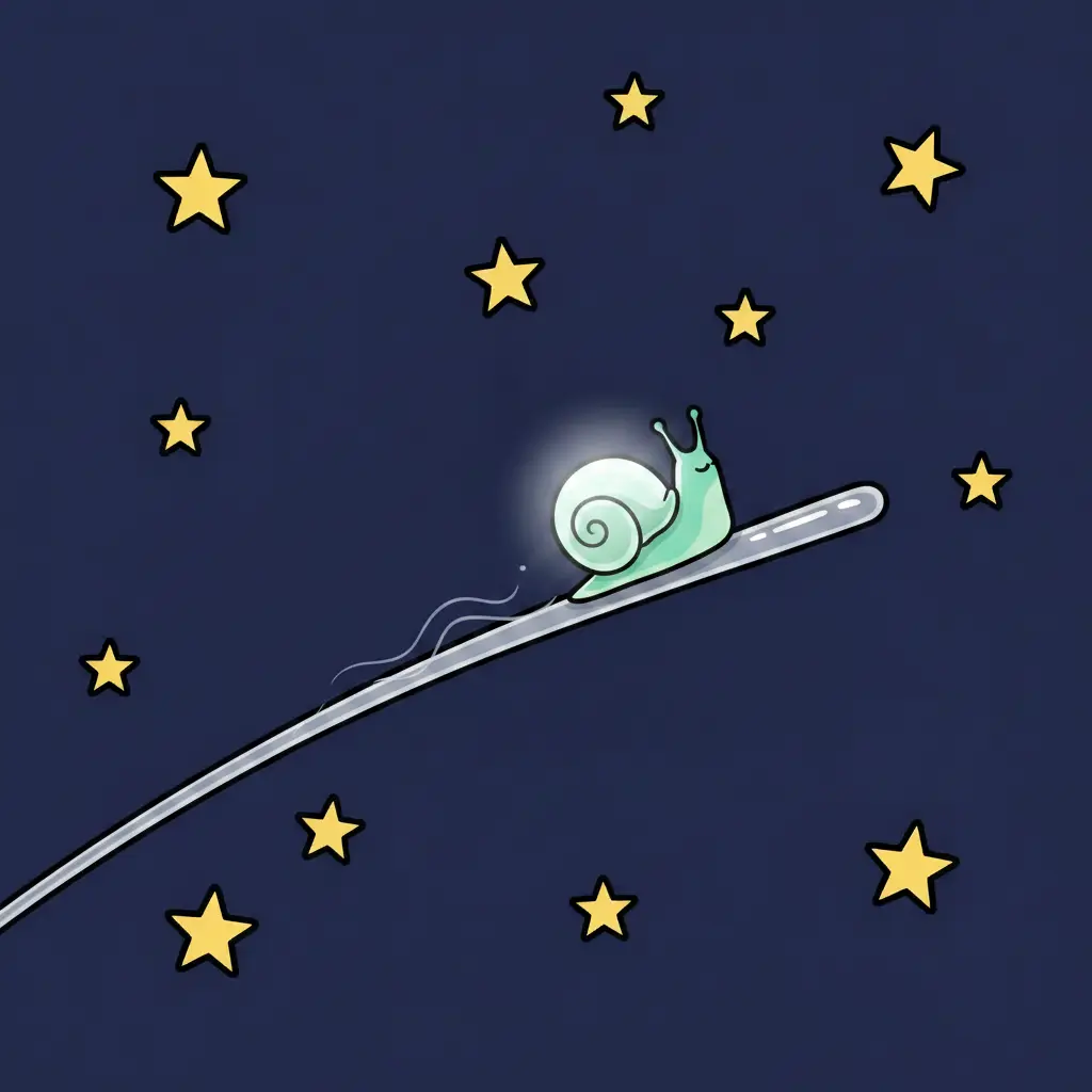 Un caracol verde menta sobre un tallo de cristal bajo las estrellas.