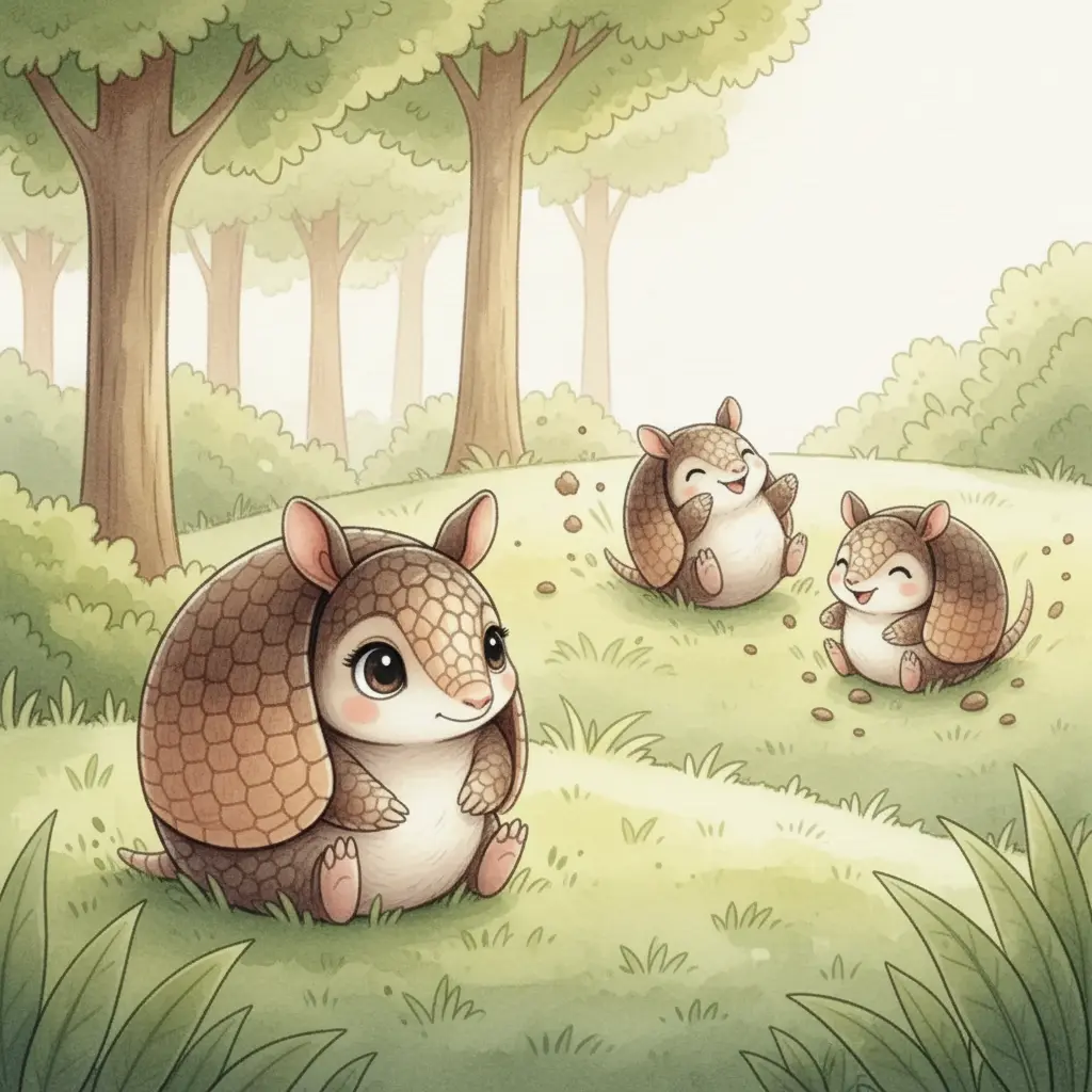 Rodolfo, un armadillo bebé, observa pensativo a sus hermanos rodar por una colina.