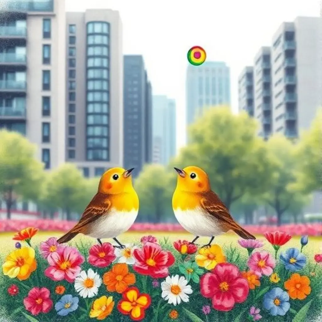 Pájaros felices entre flores de colores brillantes en un parque.