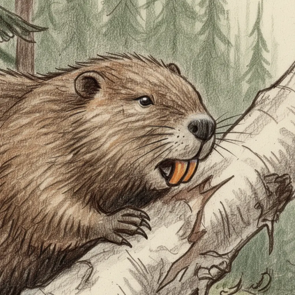 Un castor muerde una rama con sus grandes dientes anaranjados.