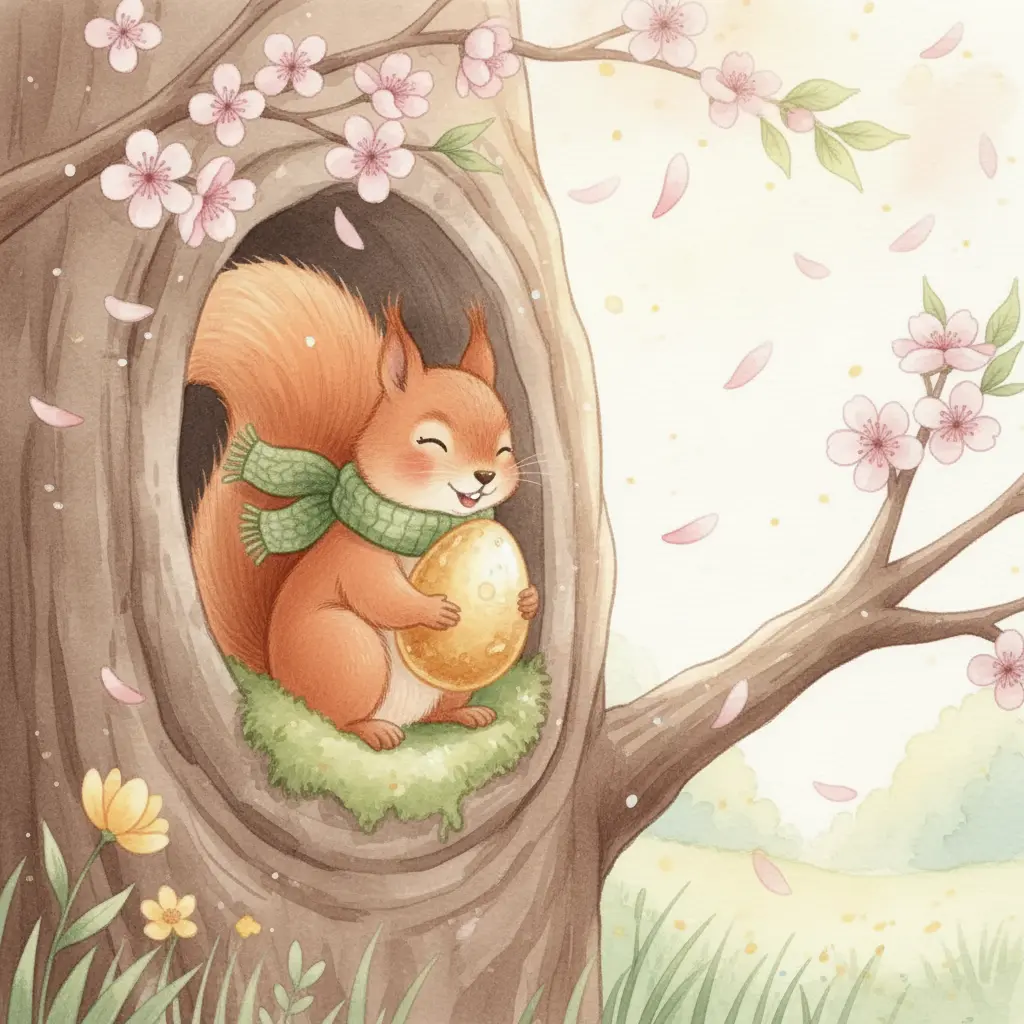 La ardilla abrazando el huevo dorado dentro del hueco de un árbol.