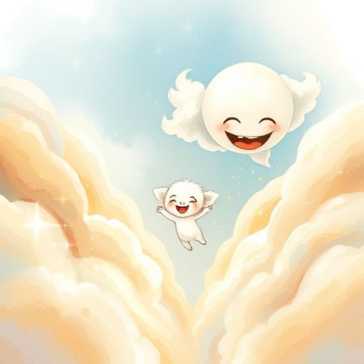 Pip vuela feliz hacia la Nube Risueña, que le rocía risitas doradas.