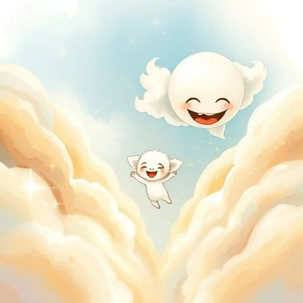 Pip vuela feliz hacia la Nube Risueña, que le rocía risitas doradas.