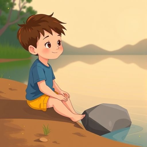 Un niño escuchando atento junto al arroyo al atardecer, Tejo en la orilla.