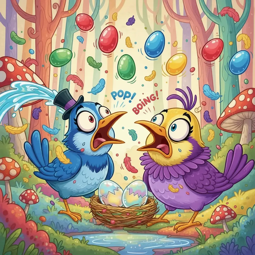 Un chorro de agua travieso cae sobre el nido, transformando los huevos en gelatinosos 'Huevos Rebotones', mientras los Pájaros Dramáticos observan con horror cómico.