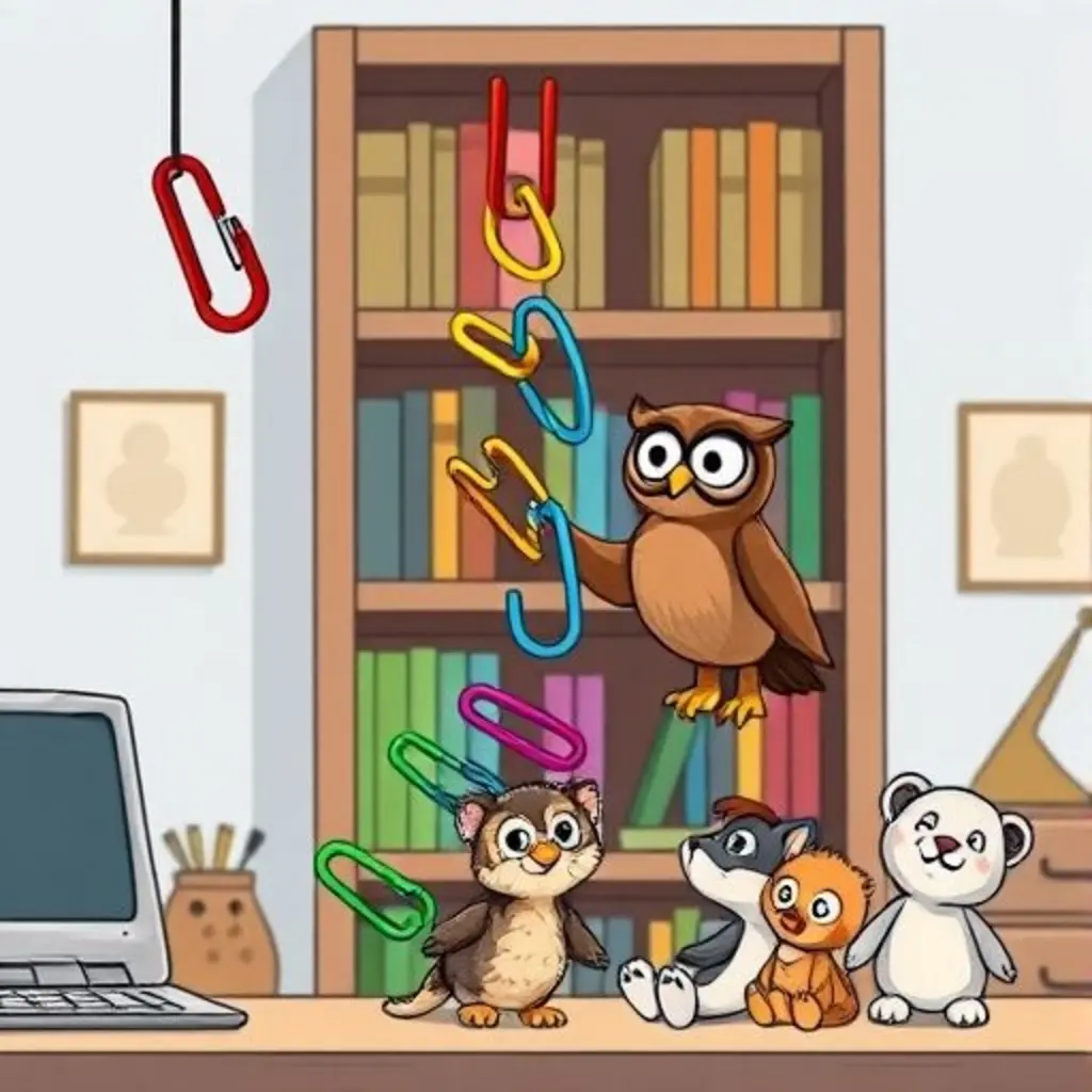 Los clips de colores forman una escalera que Sabio el búho empieza a subir.