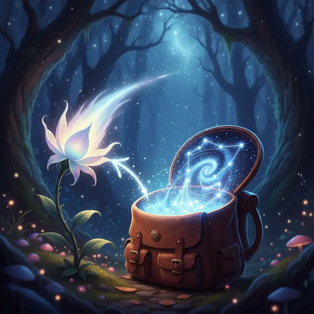 Dentro de la mochila de Nocturno, las estrellas fugaces forman un mapa brillante que señala una Flor Cometa radiante.