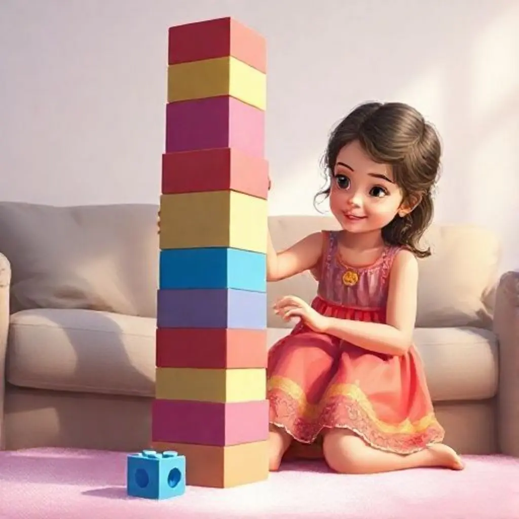 Sofía construyendo una torre de bloques, su mamá observando con cariño.