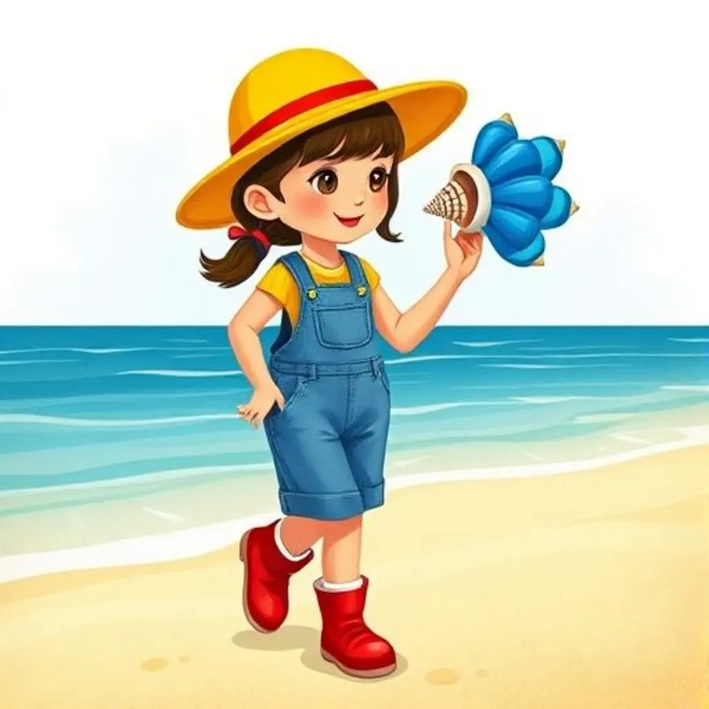 Sofía con sombrero amarillo y botas rojas, escuchando una concha azul en la playa.