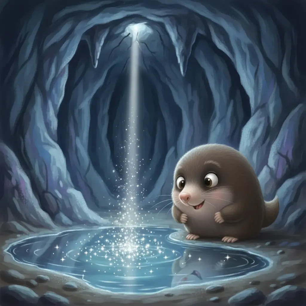 Topito Curioso asombrado ante un charco de agua con estrellas reflejadas.