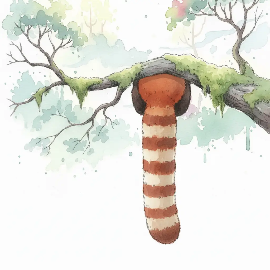 Una cola larga con anillos naranjas y marrones cuelga de una rama con musgo.