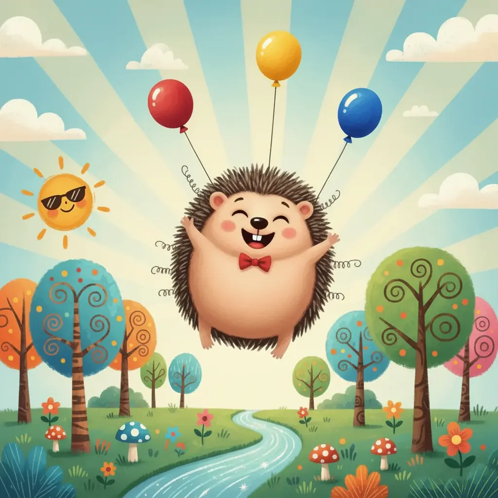 Erizo Rueditas flota por el aire, llevado por los globos que se enredaron en sus púas.