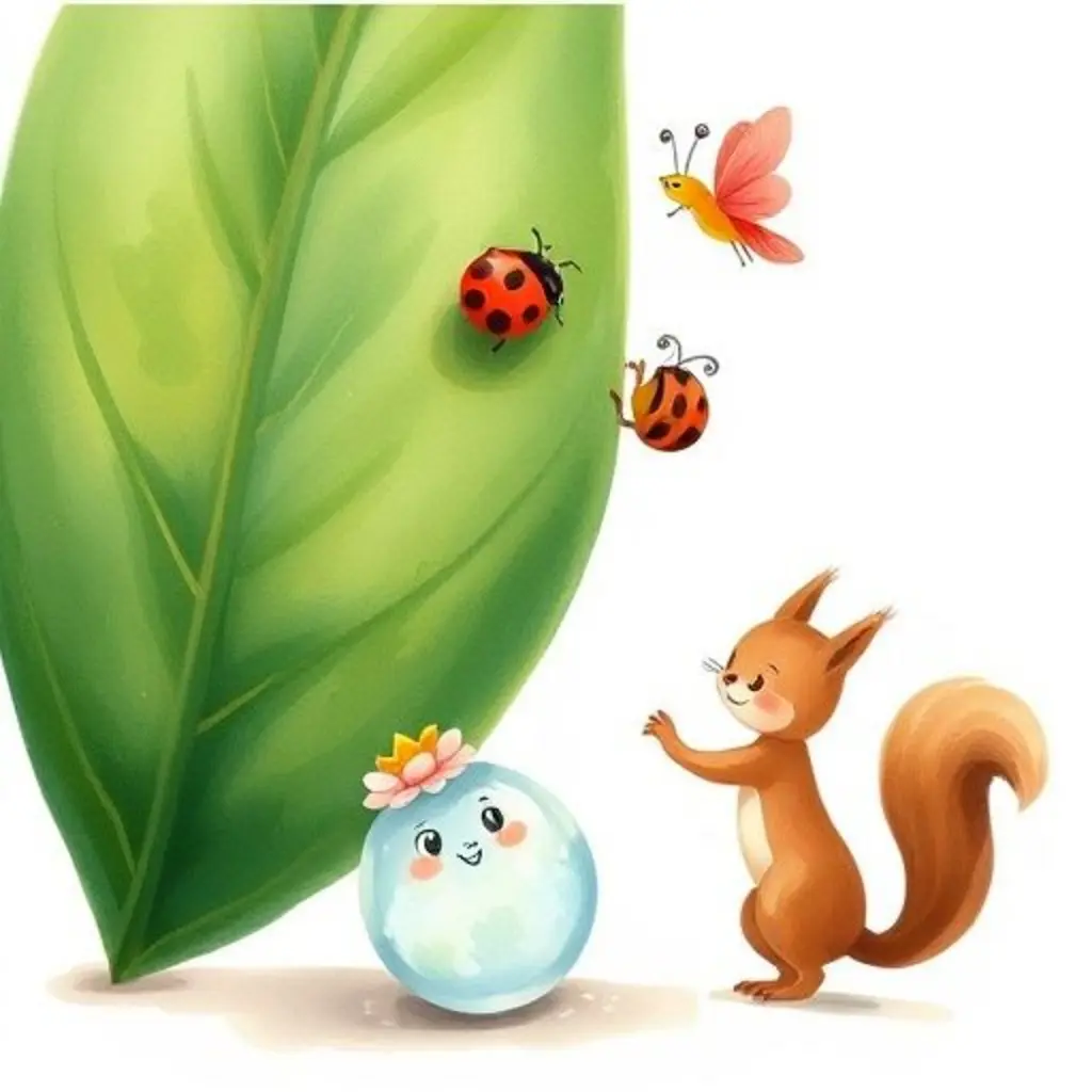 Liko brilla en la base de una hoja. La mariquita Lunita vuela llevando a Rulo, mientras la ardilla Nuez empuja la hoja desde abajo. Todos trabajan juntos.