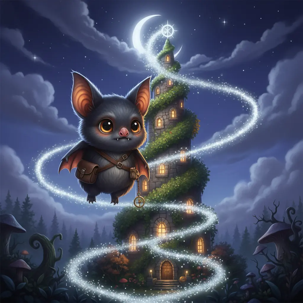 La torre antigua liberando un camino de niebla plateada hacia el bosque.