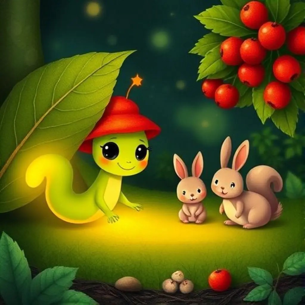 Gus, escondido, observa a los animalitos felices siguiendo su camino de luz para encontrar bayas.