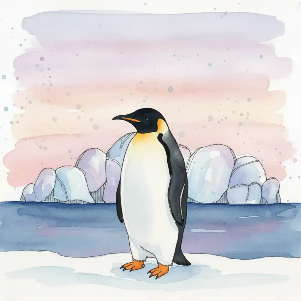 Un pingüino emperador completo y colorido saluda en el paisaje ártico al atardecer.