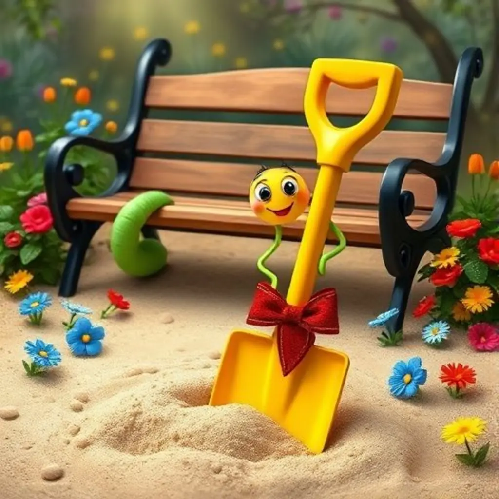 Pala Pequeña en un arenero lleno de flores. El gusanito ríe y el banco del parque se mueve de risa.