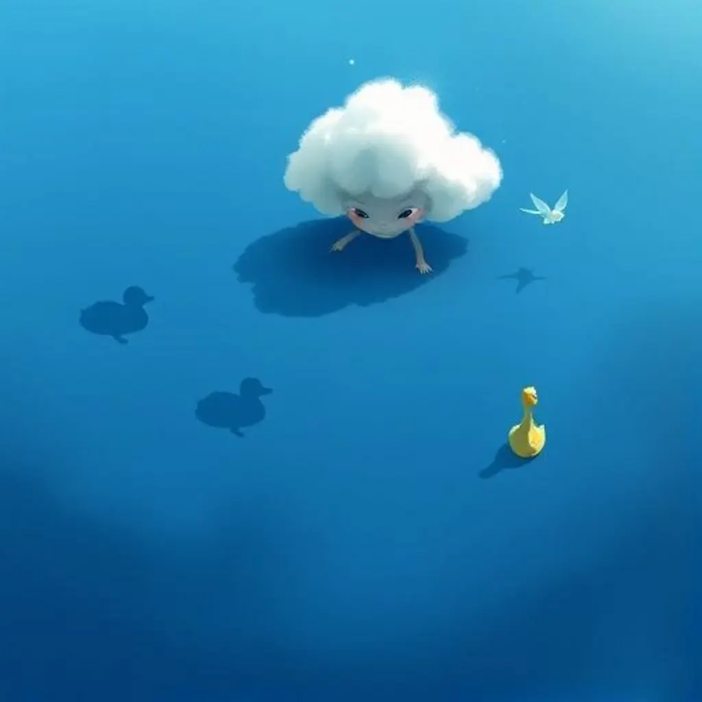 Algodón, una nube blanca, crea sombras de animales en un lago azul con sus amigos duendes del viento.