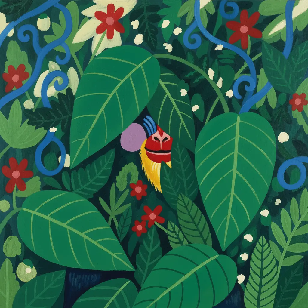 El mandril desapareciendo entre la espesa vegetación verde de la selva.