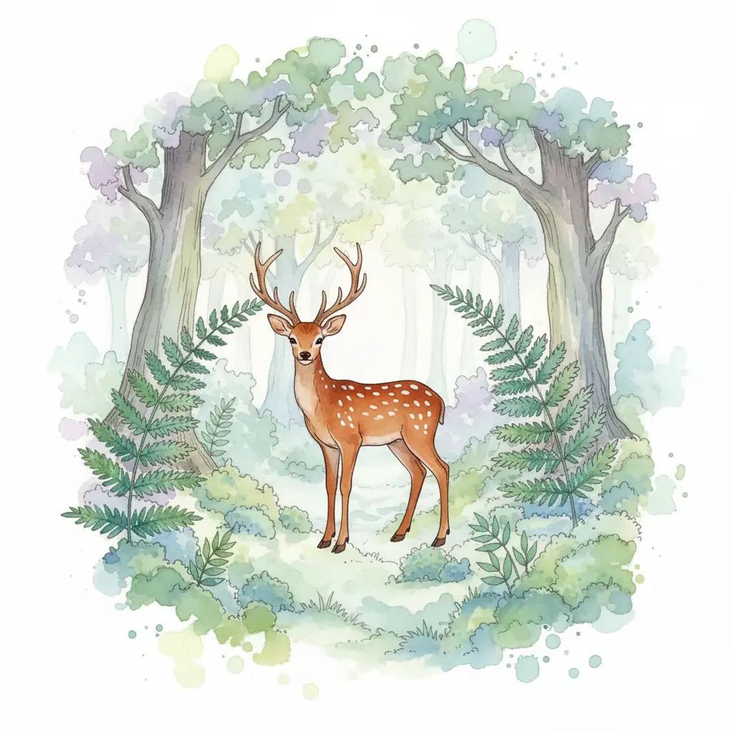 Un joven ciervo completo y detallado mira con curiosidad en medio de un bosque iluminado por el sol.