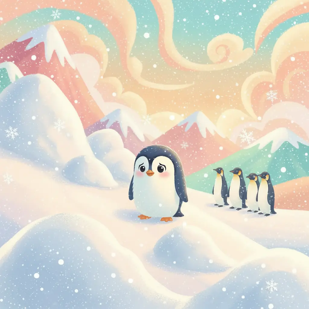 Una tormenta de nieve se acerca, cubriendo el camino con montículos. Pip mira a los demás pingüinos preocupados.