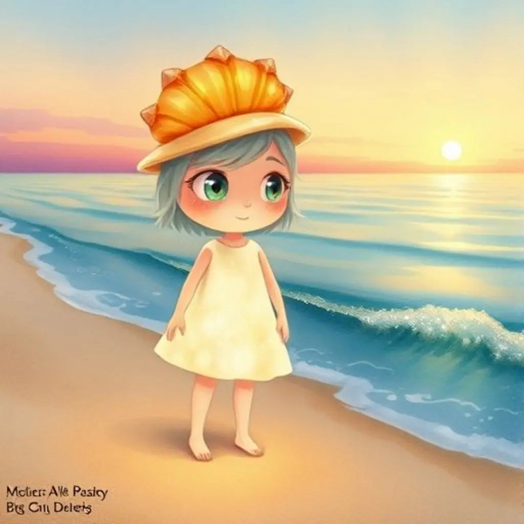 Suti, la chispa de imaginación, busca algo en la arena de la playa al atardecer.