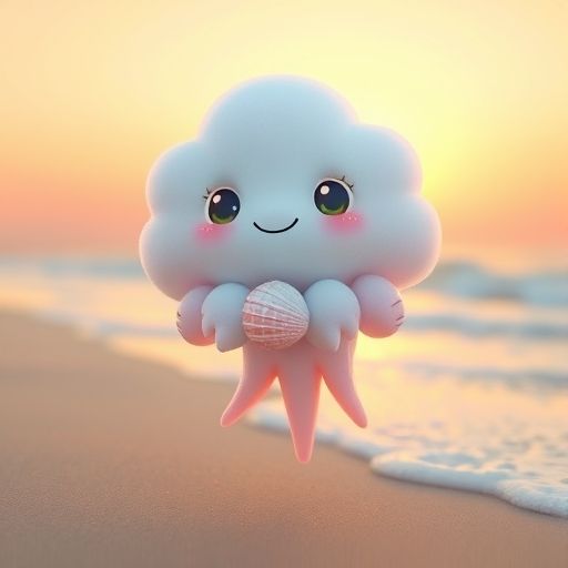 Muri, una nube-medusa, flota feliz sobre la arena con tres conchas.