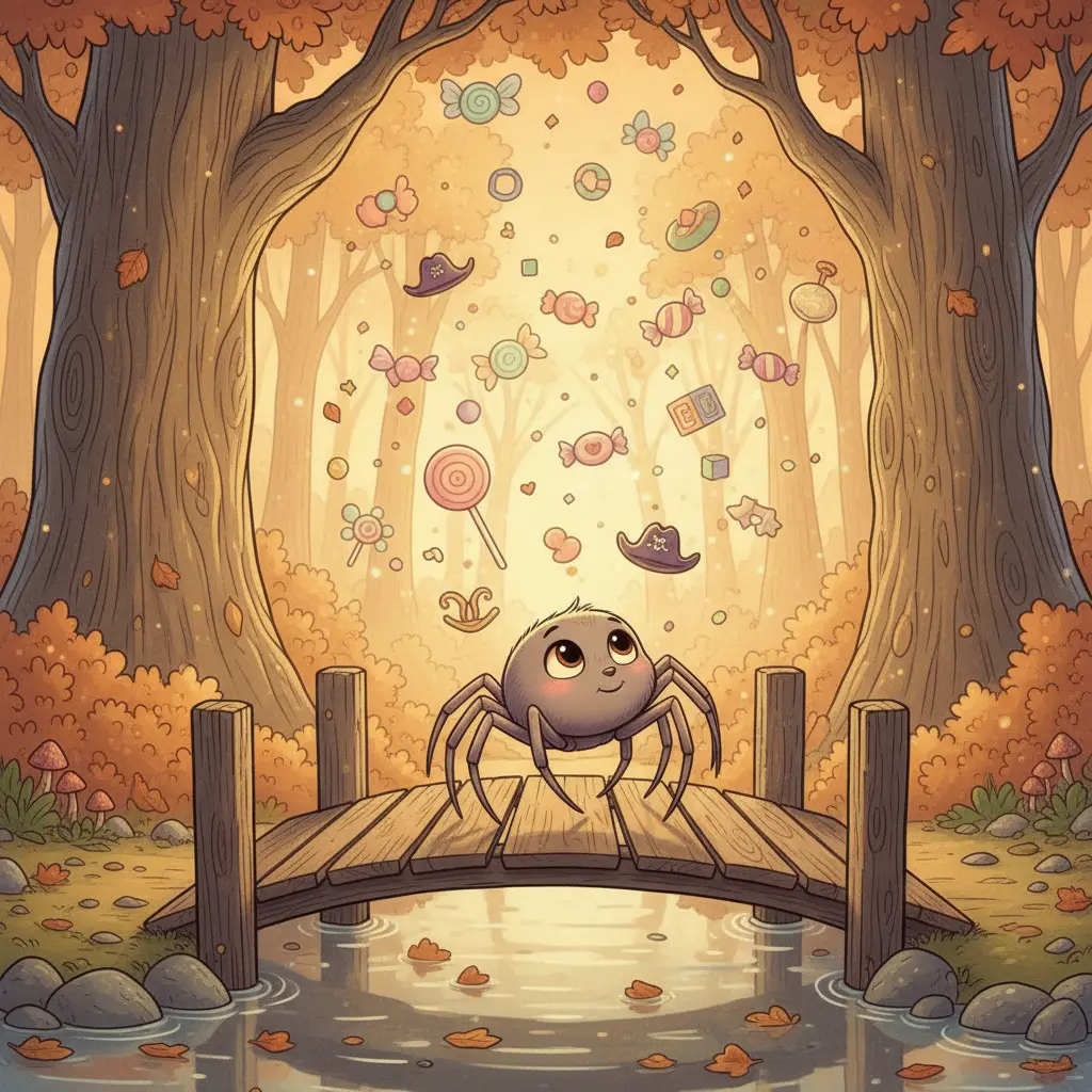 Telarañita está sobre un pequeño puente de madera, bajo un brillo ámbar de la tarde. Mira asombrada cómo chispas de sueños de colores pastel, con formas de caramelos y disfraces, flotan suavemente a su alrededor, llenándola de curiosidad.