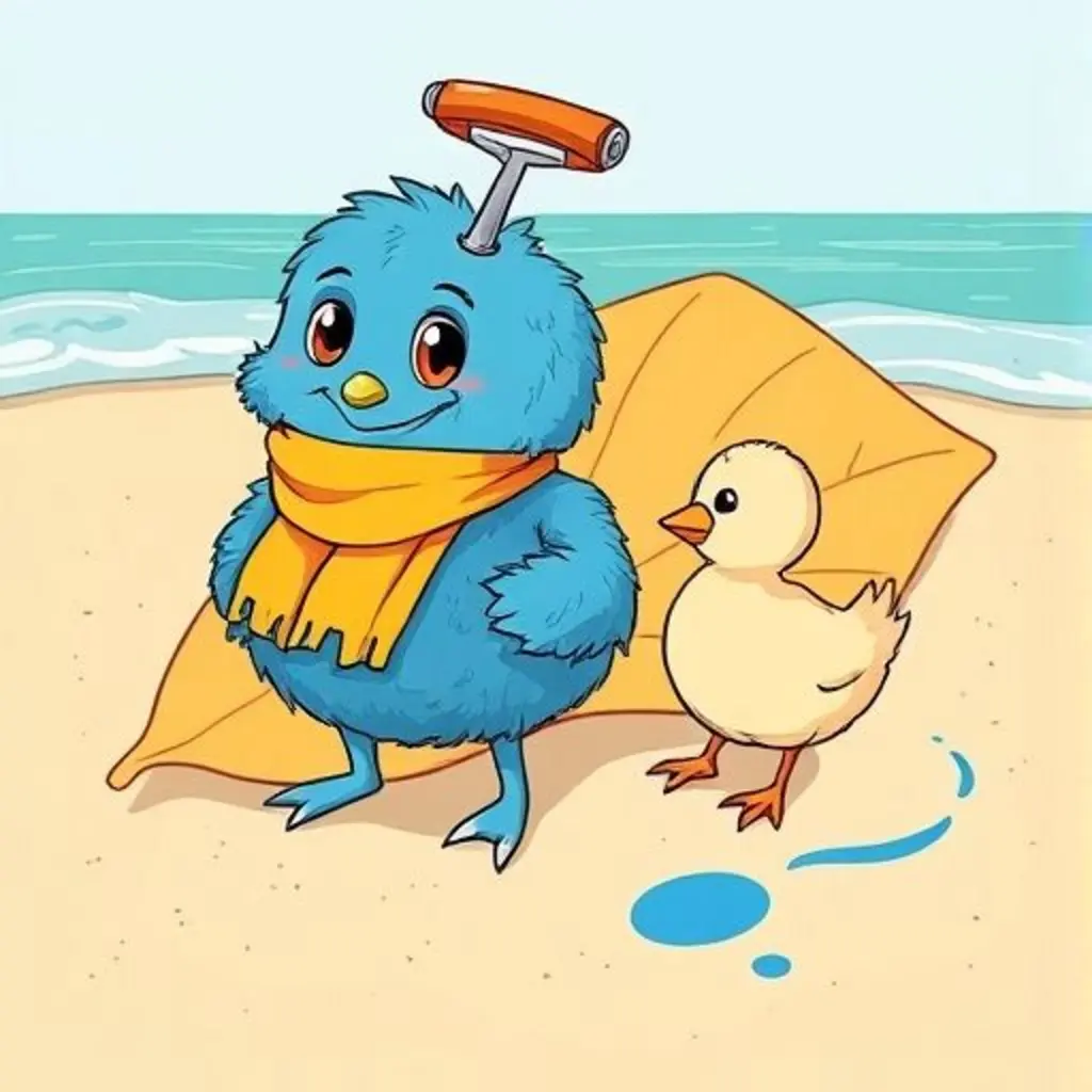 Ripo el Rodillo sonríe al polluelo en su nido de hoja, con una mancha azul en la arena.