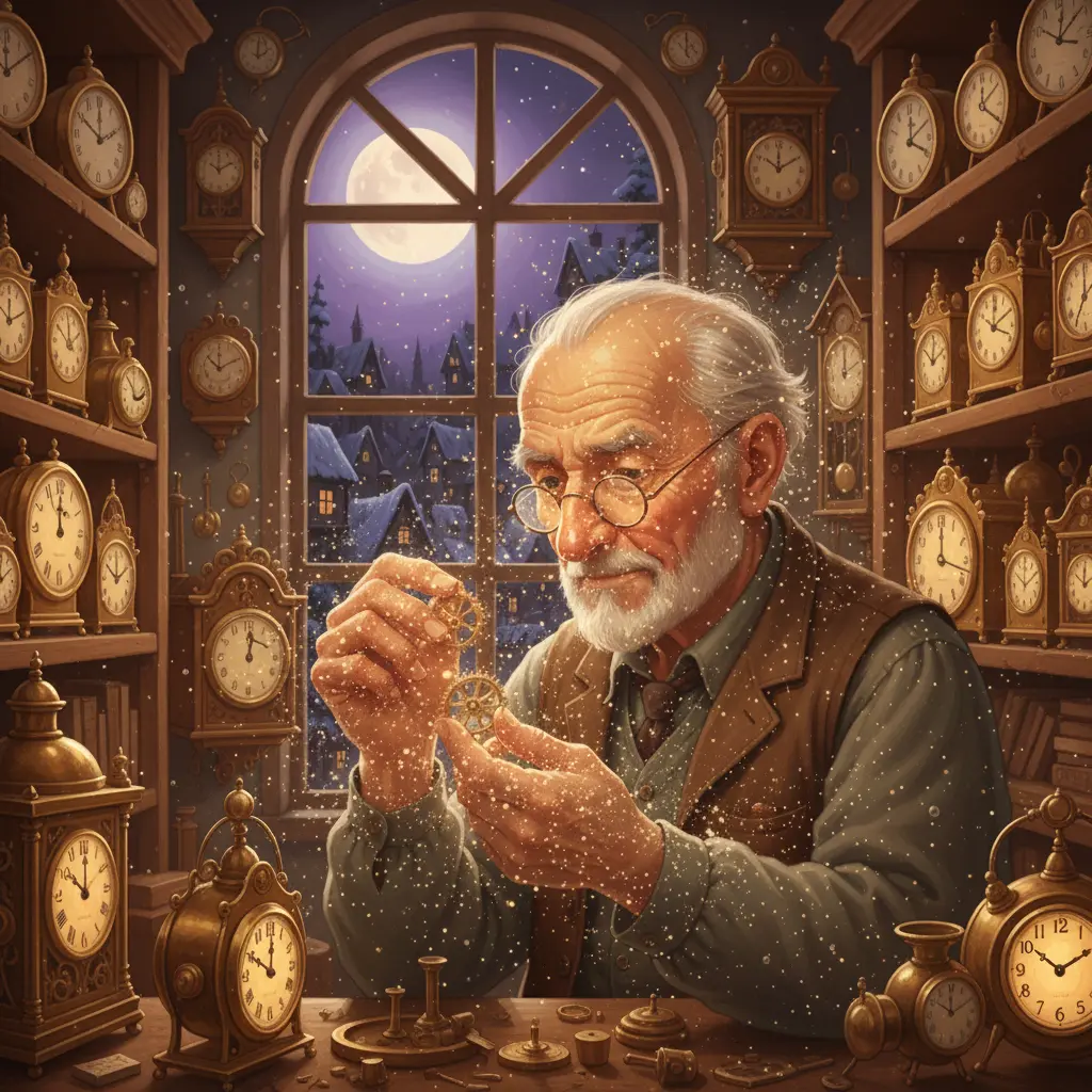 El relojero trabajando con destreza, rodeado de relojes que brillan intensamente.