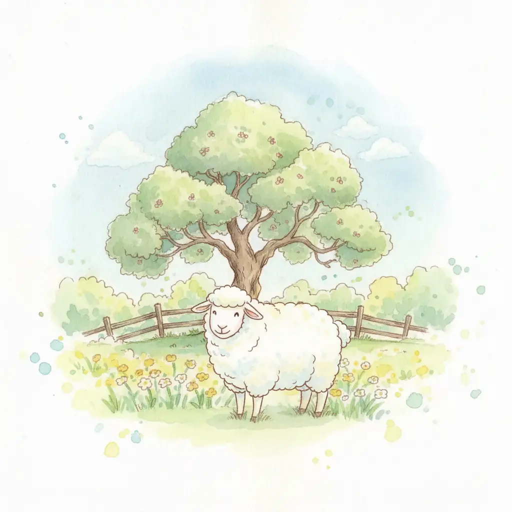 Una ovejita blanca y esponjosa sonríe feliz en el prado bajo el árbol de manzanas.