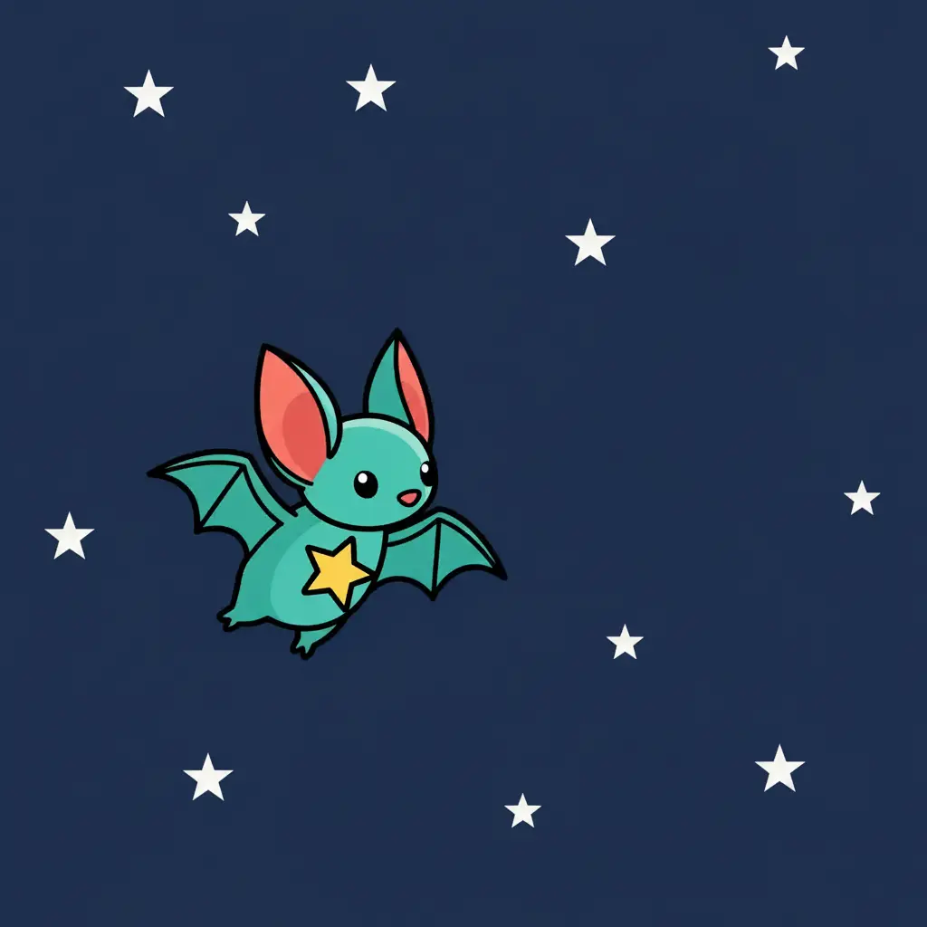 Un pequeño murciélago de color azul verdoso vuela feliz en un cielo nocturno lleno de estrellas blancas.