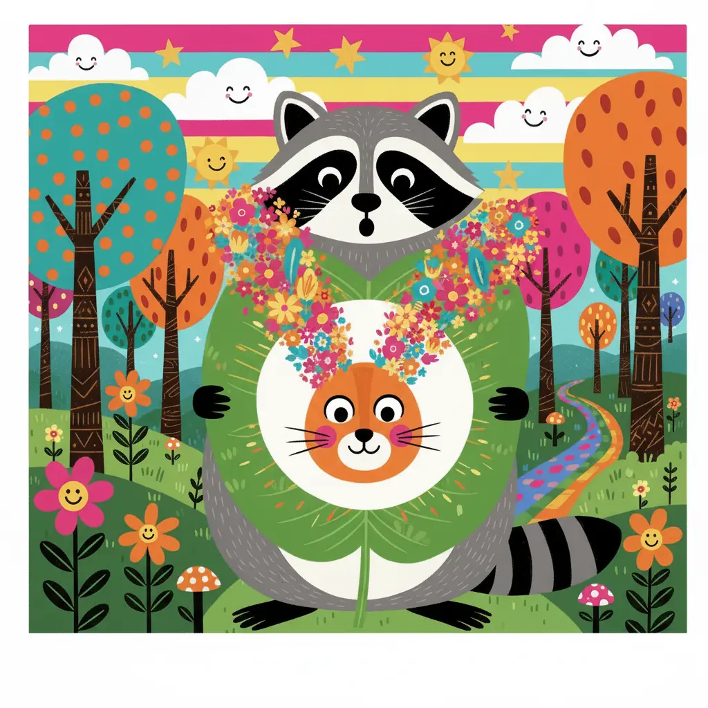 El mapache vuelve a mirar y ve un conejo con orejas llenas de flores de colores.