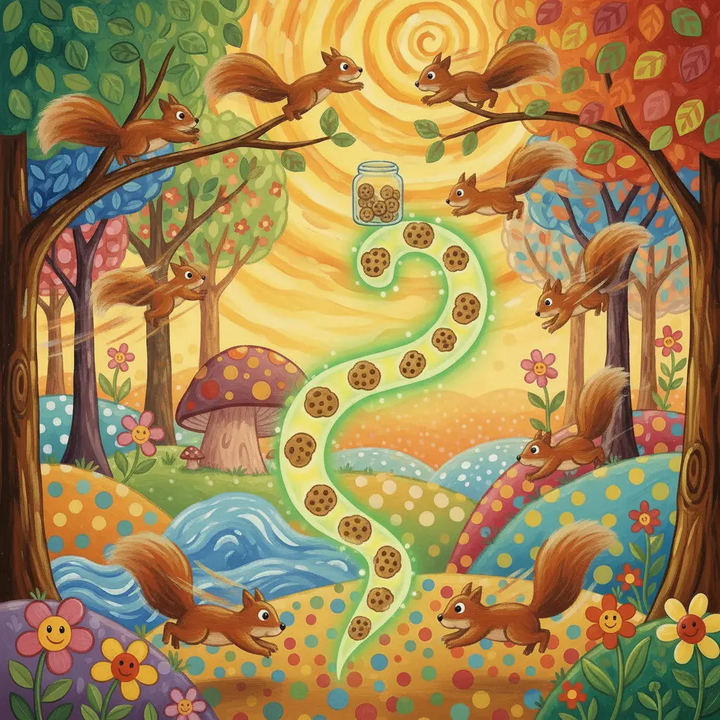 Ardillas hiperactivas huelen el rastro de galletas y comienzan a correr.