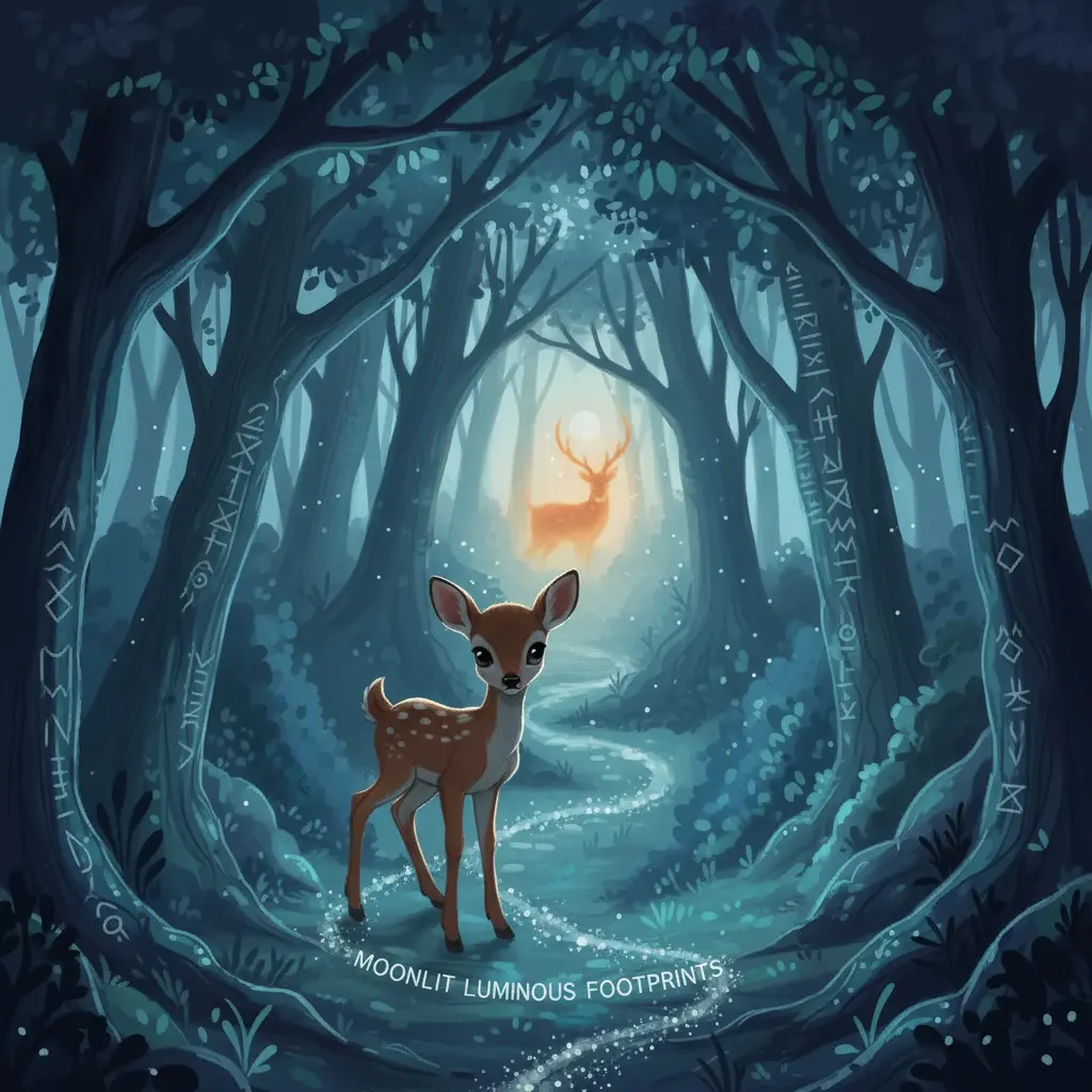 El cervatillo siguió las huellas plateadas que lo guiaban con ternura a través del bosque.