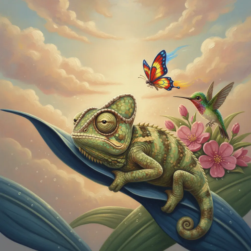 Coco, un camaleón frustrado, se estira sobre una hoja azul intentando cambiar de color, mientras una mariposa pasa volando y Chispita lo mira desde lejos.