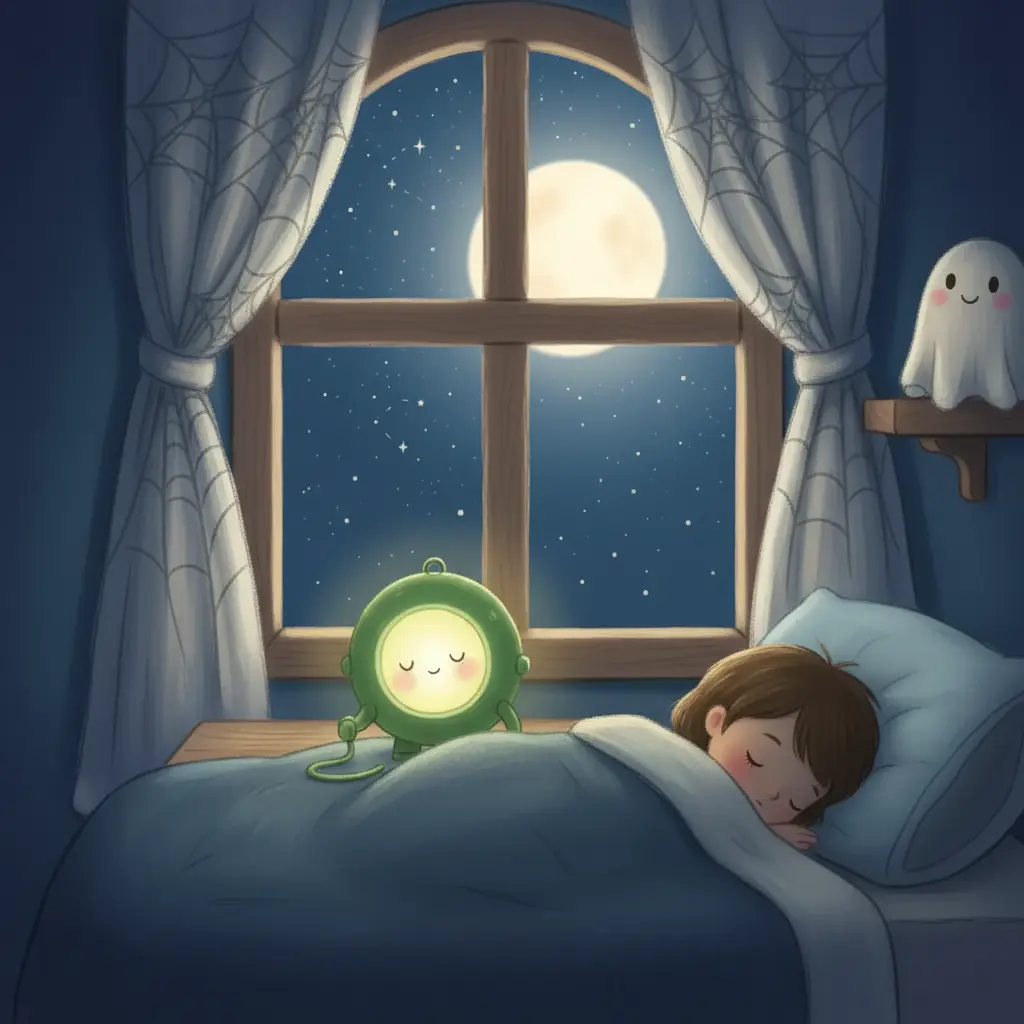 Linterna Luci en la mesita de noche de un niño dormido, con una tenue luz verde.