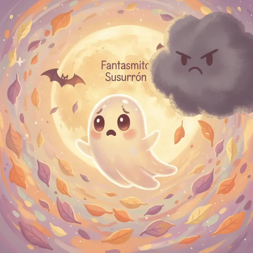 Fantasmito Susurrón, pequeño y preocupado, mirando una nube tristona que tapa la luna de Halloween.